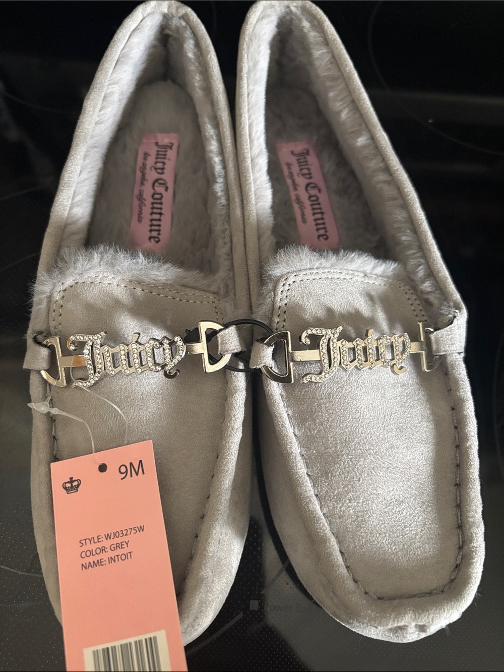 NWT Juicy Couture Gray Faux-Fur Lined Moccasins with Sparkling Logo Hardware